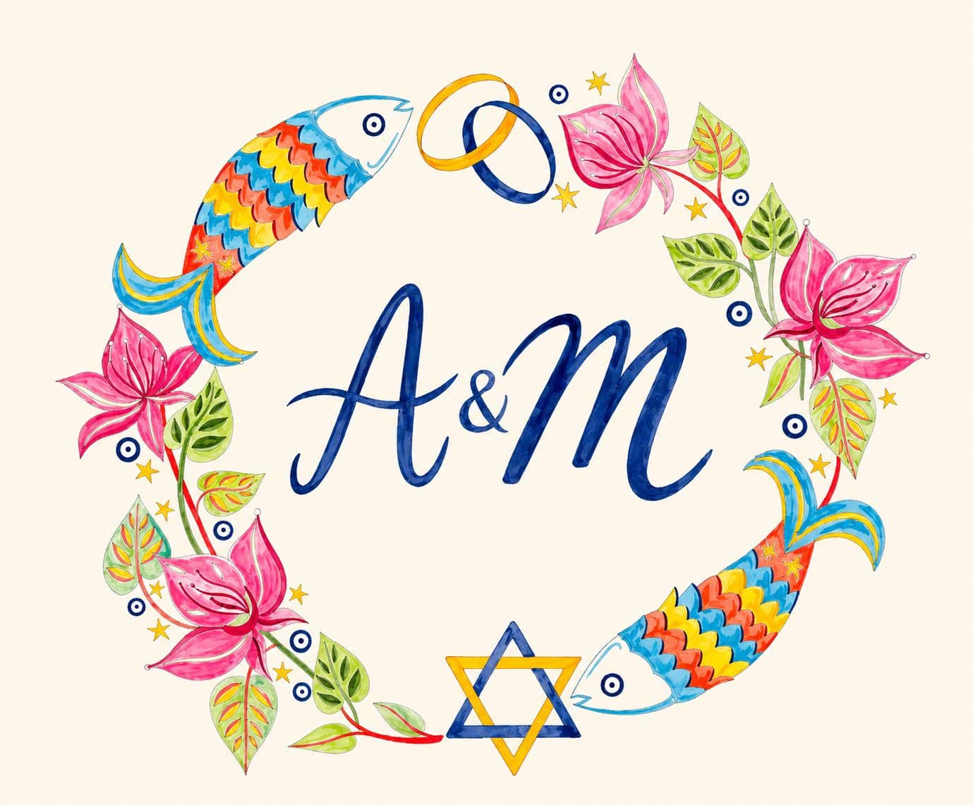 Watercolour wreath of pink lilies, leaves, two fish, wedding rings and a Star of David around the letters A and M